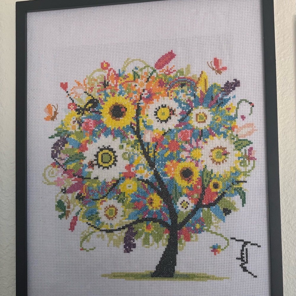 Colorful Floral Tree Cross Stitch Art